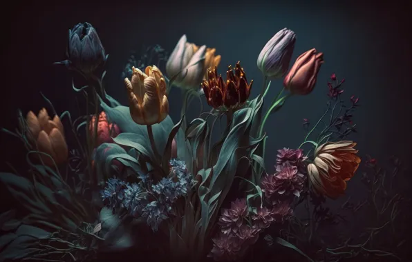 Leaves, flowers, dark, tulips, still life, flowers, background, leaves