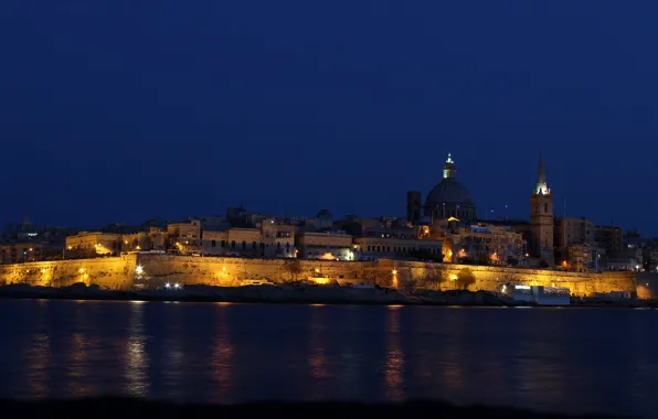 Sea, night, lights, coast, island, home, the state, Malta