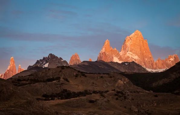 The sky, snow, trees, mountains, nature, rocks, dawn, Argentina