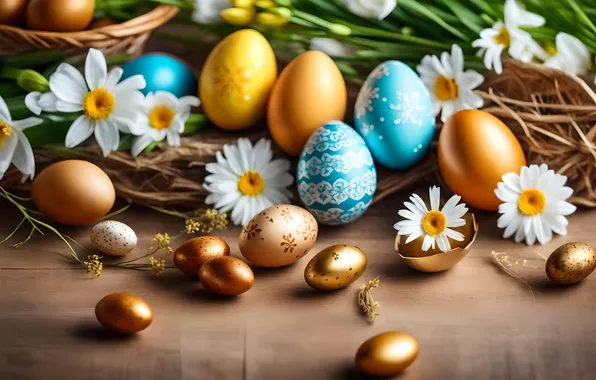 Flowers, eggs, spring, colorful, Easter, flowers, spring, Easter