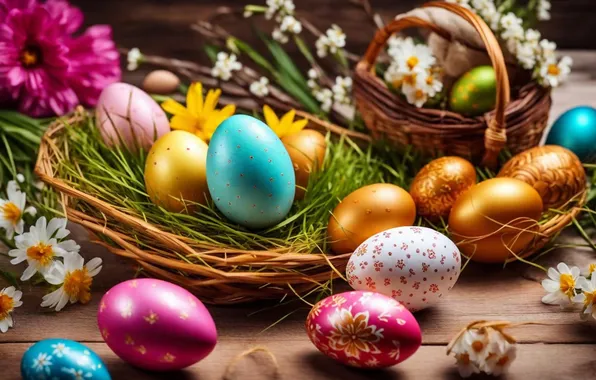 Flowers, eggs, spring, colorful, Easter, happy, flowers, spring