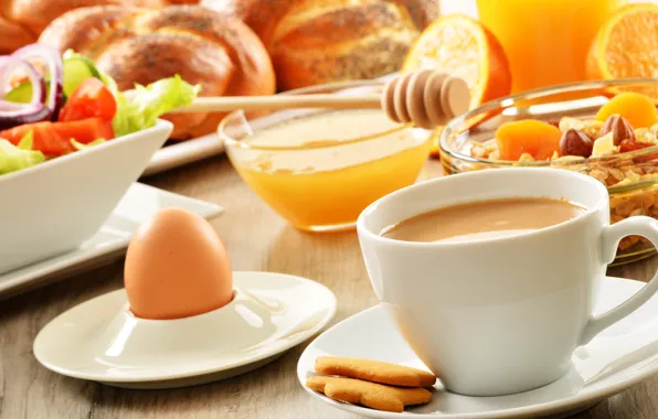 Picture egg, coffee, food, Breakfast, cookies, honey, Cup, fruit