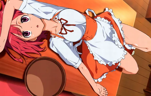 Uniform, tray, apron, ruffles, pink hair, Toradora!, is on the table, Minori Kushies On The