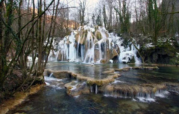 Forest, trees, river, stones, France, waterfall