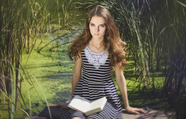 Picture look, pose, Girl, dress, book, brown hair