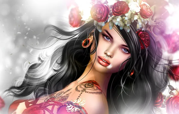 Girl, flowers, hair, piercing, tattoo, wreath