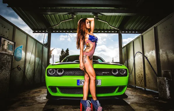 Girl, green, figure, slim, tattoo, hairstyle, shoes, outfit