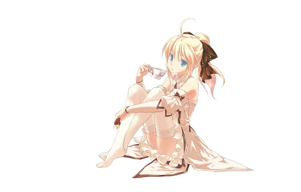 Picture look, girl, stockings, blonde, white background, fate stay night, saber lily, sitting