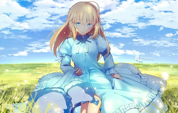 The sky, grass, meadow, girl, the saber, Fate stay night, Fate / Stay Night