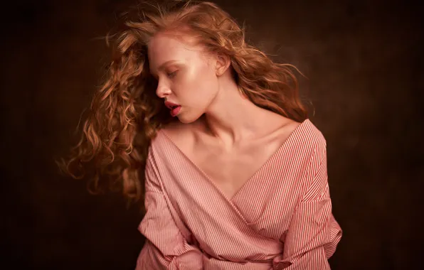 Picture girl, pose, background, hair, portrait, neckline, red, curls