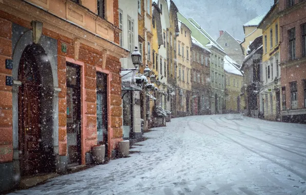 Snow, city, the city, street, the building, snowfall, Street, snow