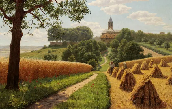 Wheat, field, the sky, clouds, light, trees, landscape, home