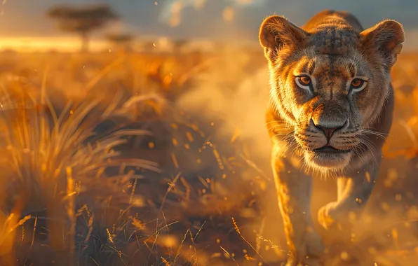 Grass, Look, Lioness, Running, Front, Digital art, Big cat, Predator