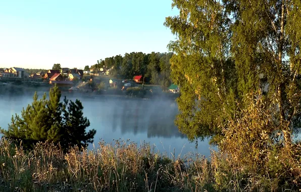 Picture fog, morning, Lake, village, taiga, Siberia