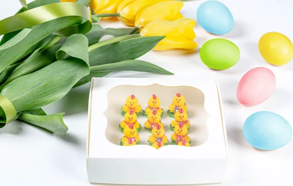 Flowers, chickens, eggs, Easter, tulips, white background, eggs, yellow tulips