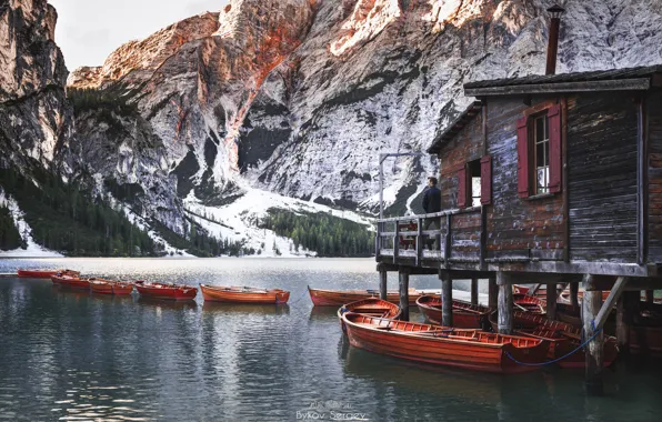 Picture snow, landscape, mountains, nature, lake, boats, Alps, forest