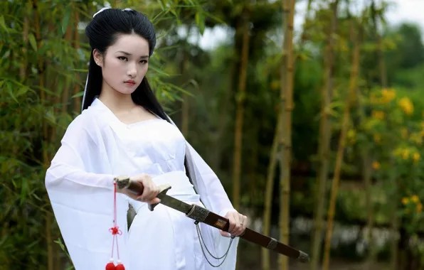 Picture Asian, long hair, trees, weapon, women, Chinese, black hair, white dress