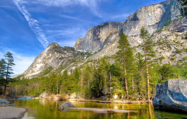 Picture forest, the sky, clouds, trees, mountains, rock, lake, river