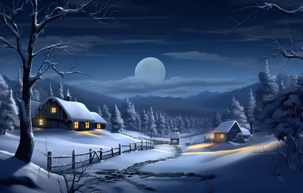 Picture winter, snow, night, New Year, village, Christmas, houses, house