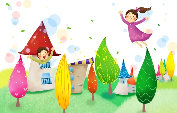 Picture trees, flight, joy, fantasy, foliage, home, girl, baby Wallpaper