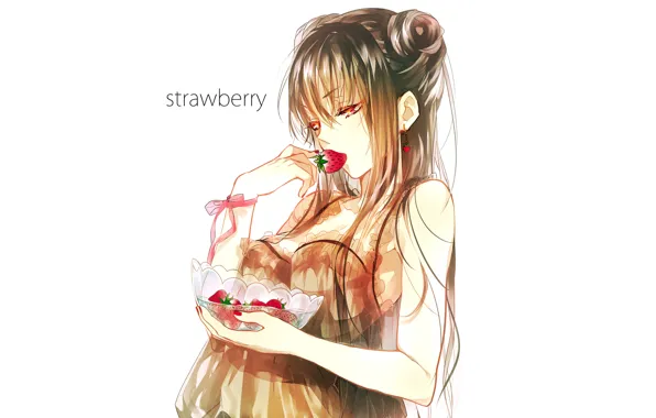 Girl, strawberry, white background, bow