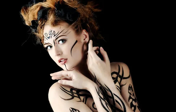 Look, girl, background, red, beauty, body art, body art