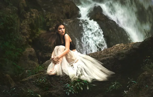 Picture girl, pose, mood, hair, waterfall, skirt