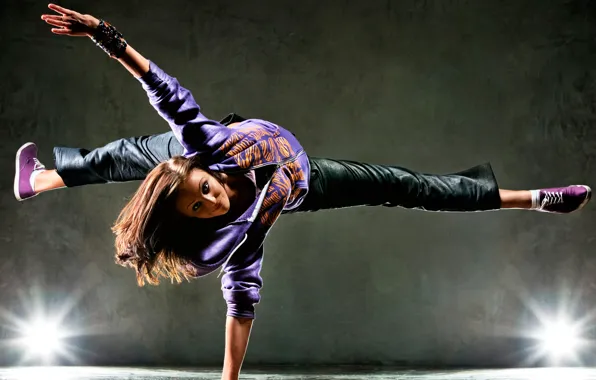 Girl, lights, pose, dance, brown hair, acrobatics