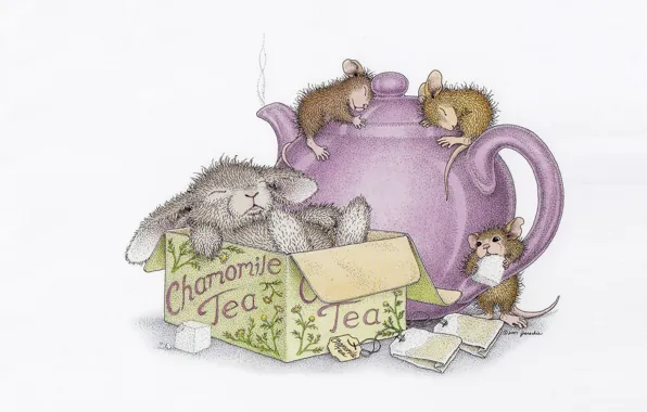 Picture box, mouse, art, Bunny, friends, children's, Ellen Jareckie, kettle. tea. guests