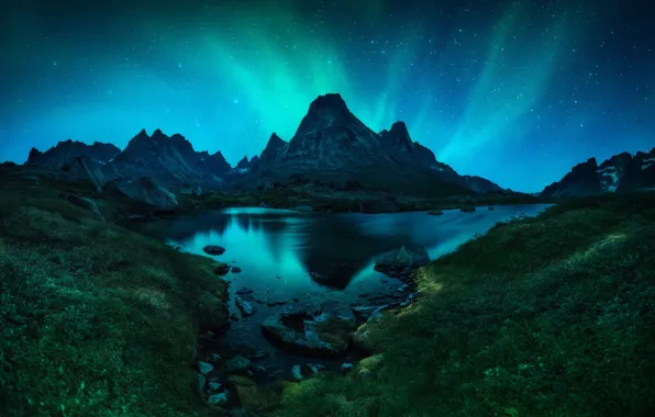 Picture the sky, mountains, lake, river, Northern lights, the fjord
