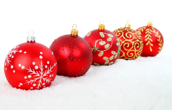 Snow, balls, patterns, toys, New Year, Christmas, red, Christmas