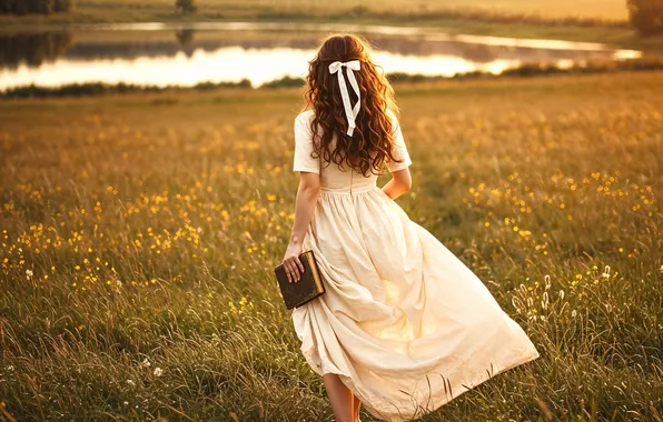 Field, forest, grass, girl, flowers, nature, pose, river
