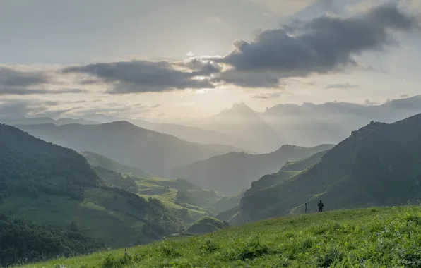 Picture clouds, landscape, sunset, the rays of the sun, Kabardino-Balkaria, Irina Shipunova, Aktoprak Pass