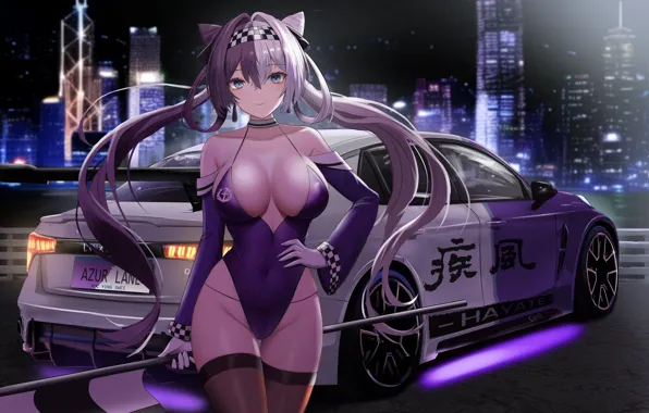 Picture anime, anime girls, twintails, Japanese, big boobs, car, blue eyes, stockings