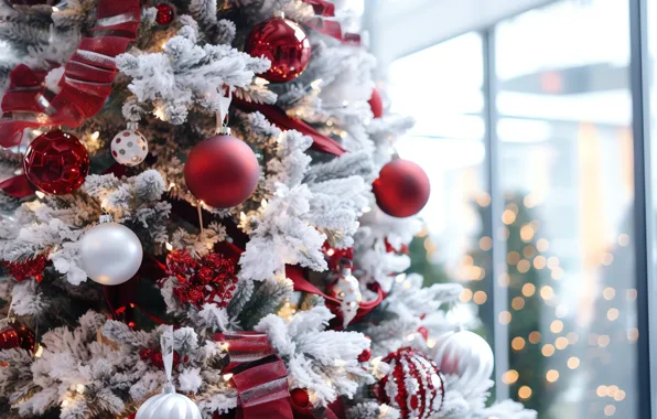 Frost, balls, tape, window, Christmas, red, New year, white