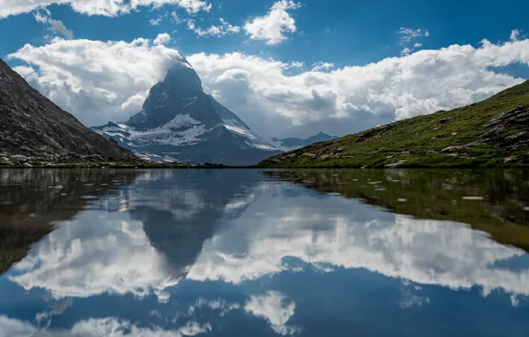 Mountains, lake, reflection, Switzerland, Zermatt, Riffelsee