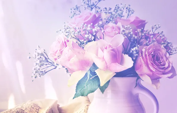 Background, roses, bouquet, pitcher, lilac