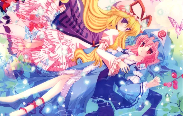 Water, butterfly, branches, girls, art, touhou, strikingly is wait, saigyouji yuyuko