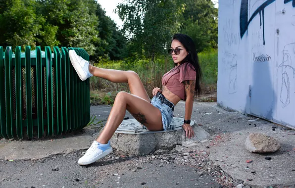 Picture girl, pose, feet, shorts, brunette, glasses, sneakers, Sergey Pak