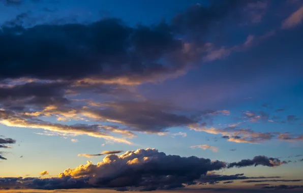 Sunset, The sun, The sky, Clouds, The evening, Blue, White, Horizon