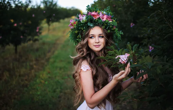 Girl, trees, flowers, makeup, garden, dress, hairstyle, brown hair