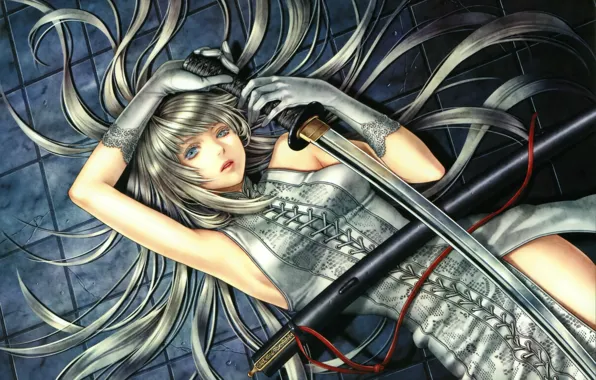 Girl, katana, gloves, blue eyes, long hair, art, red thread, sheath