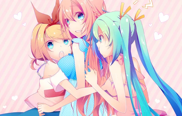 Picture girls, art, hearts, vocaloid, hatsune miku, bow, megurine luka, kagamine rin