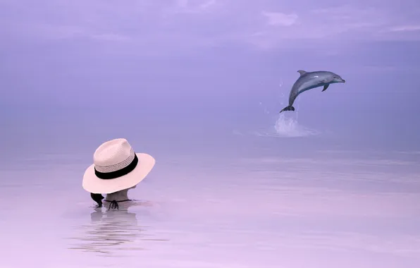 Picture sea, girl, Dolphin, style, background