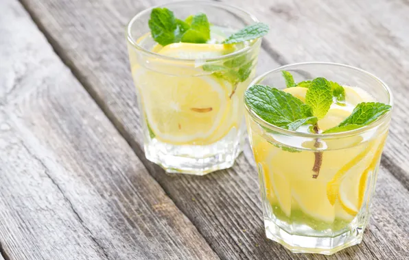 Picture lemon, glasses, drink, mint, lemonade