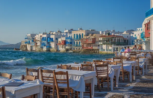 Sea, the city, chairs, home, restaurant, promenade, tables, Greece