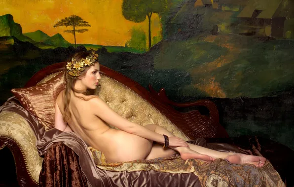 Look, girl, pillow, profile, nudity, Ottoman