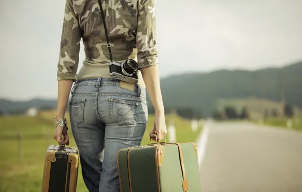 Road, girl, the camera, bracelet, suitcases