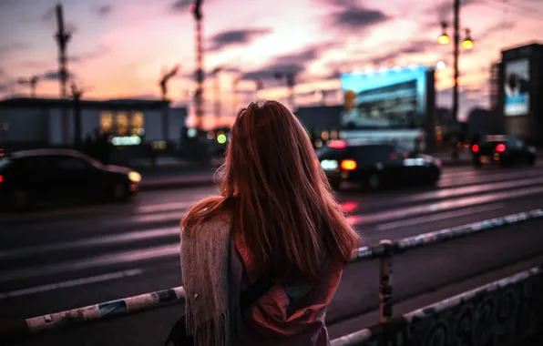 Road, girl, machine, the city, street, scarf, long hair, back