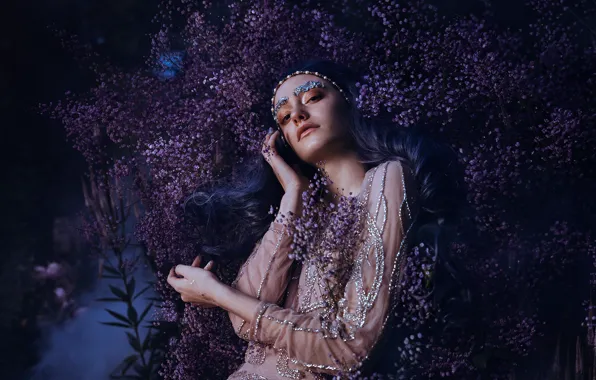 Look, girl, flowers, pose, style, hands, makeup, dress